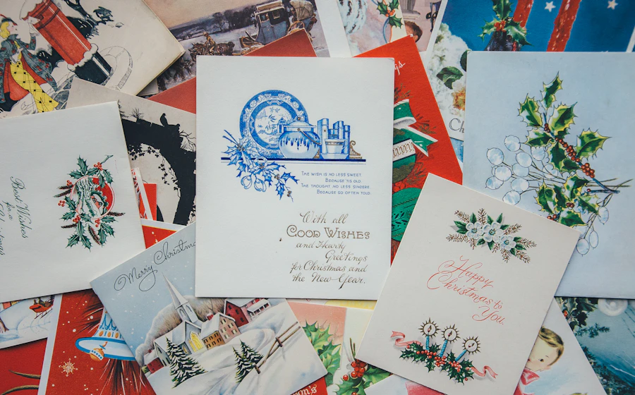 A collection of greeting cards spread out across a table